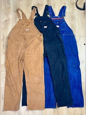 Round House Men’s Overalls 46x32 Blue Black Tan Lot Of 3